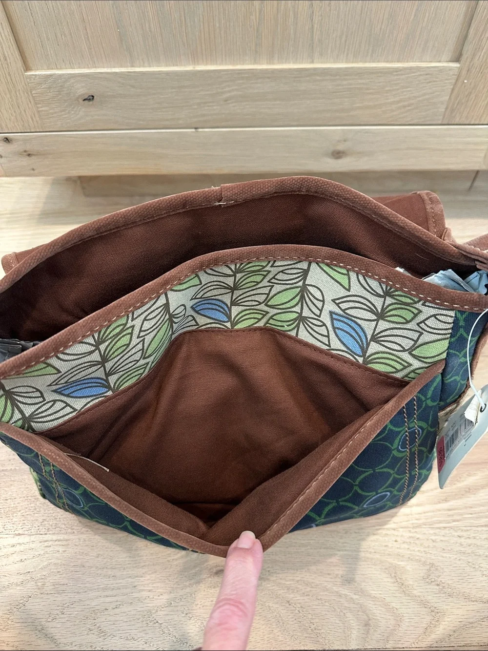Fossil Green Floral Canvas Crossbody with Brown Trim